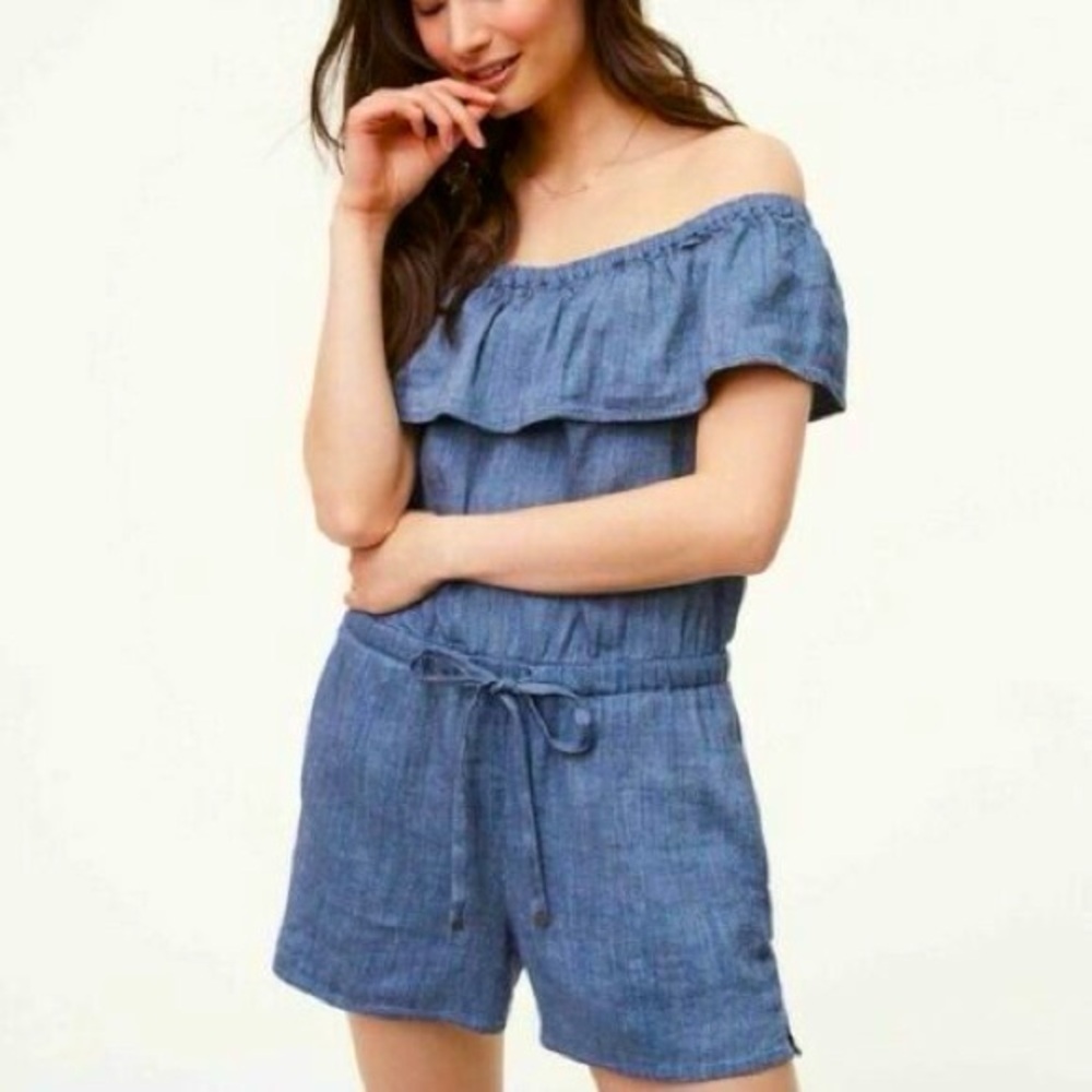 Ann Taylor LOFT Blue Denim Chambray Off the shoulder Ruffle Romper Pockets Sze 2